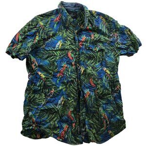 American Eagle Outfitters Mens Hawaiian Shirt Medium Parrot Print Short Sleeve